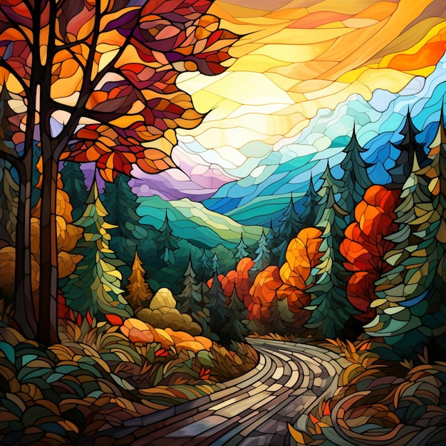 una pintura de un camino en el bosque con árboles y una puesta de sol ai generativa