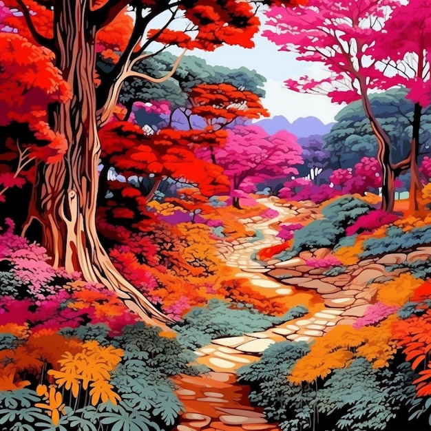 Una pintura de un camino en un bosque colorido con árboles generativos ai.