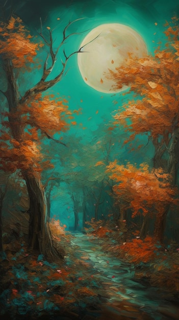 Una pintura de un camino por el bosque con la luna de fondo.