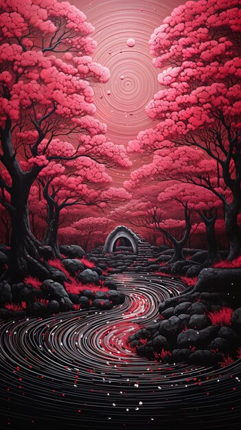 una pintura de un camino en un bosque oscuro