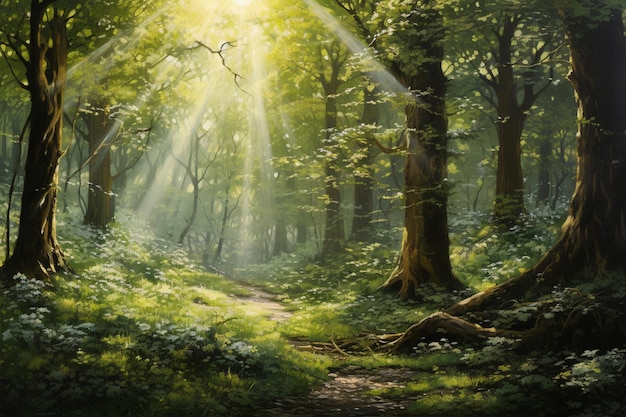 Pintura de un camino en un bosque con sol brillando a través de los árboles ai generativo