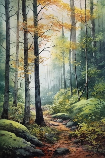 Una pintura de un camino en el bosque