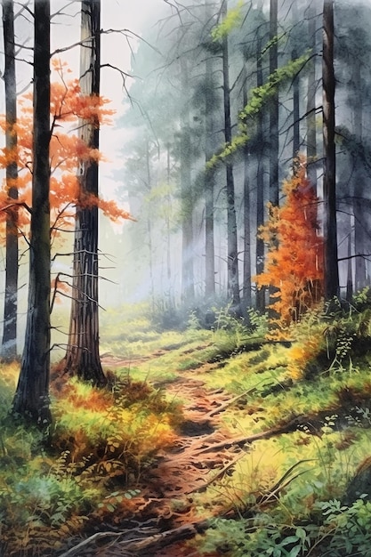 Una pintura de un camino en el bosque