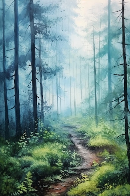 Una pintura de un camino en un bosque