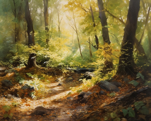 Una pintura de un camino en el bosque