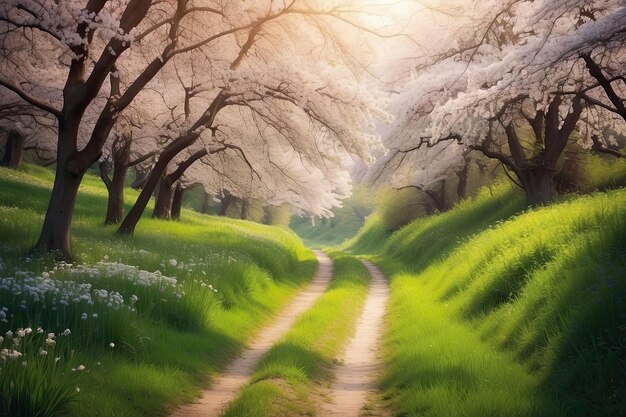 una pintura de un camino con un camino que conduce a un campo de flores