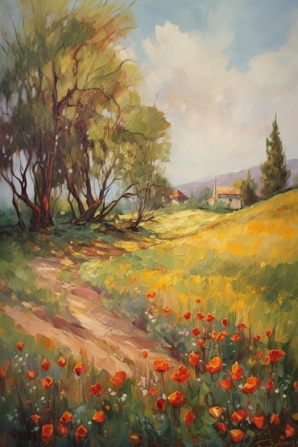 Una pintura de un camino en un campo de amapolas.