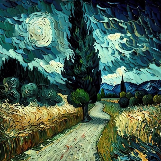 Una pintura de un camino con un campo y la luna al fondo.