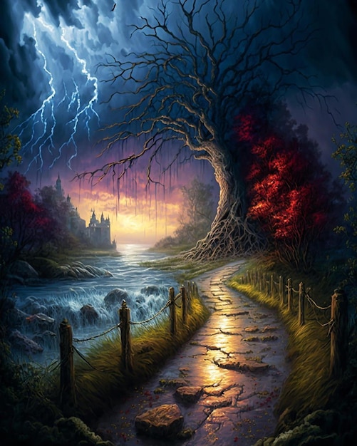 Una pintura de un camino con un castillo y un árbol.
