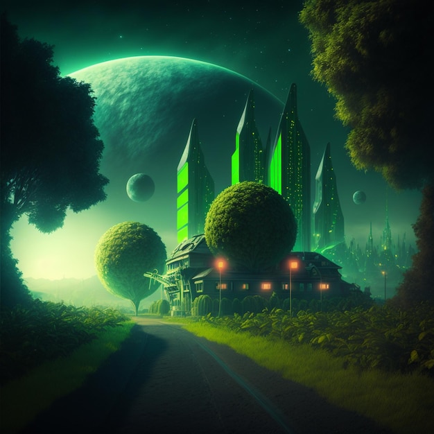 Una pintura de un camino con un castillo verde y una luna al fondo.