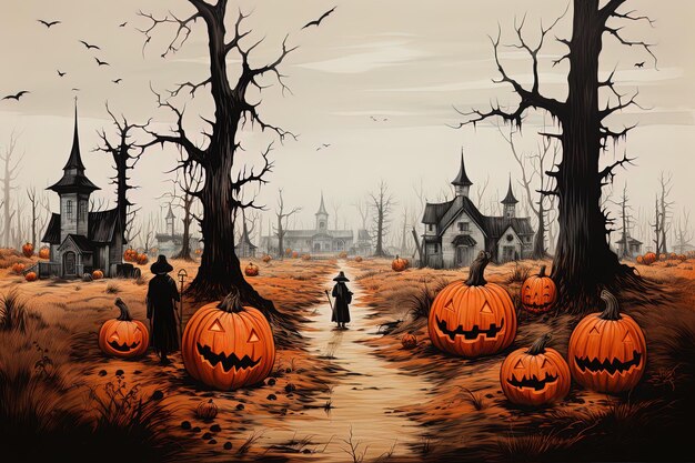 Una pintura de un camino en un cementerio con calabazas y cementerio en el fondo.