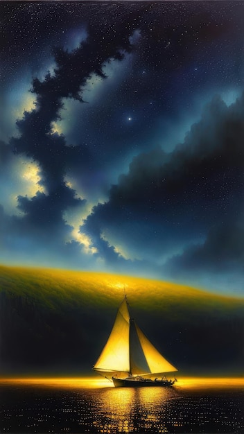 Una pintura de un camino con un cielo oscuro y la luna al fondo.