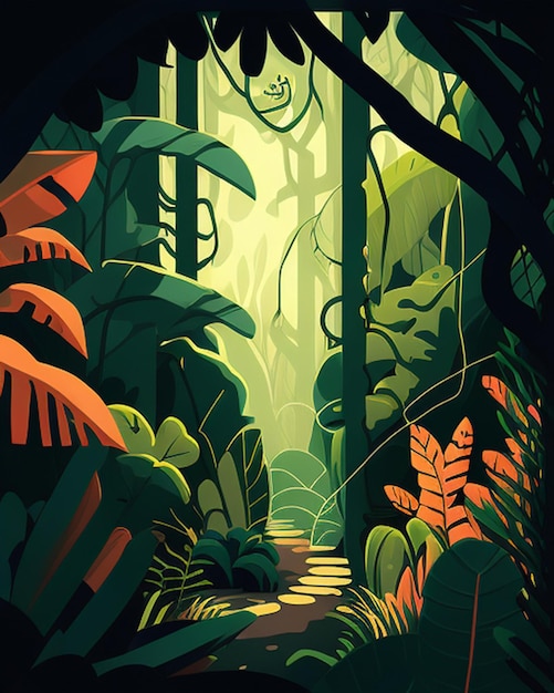 Una pintura de un camino en la jungla con una cara.