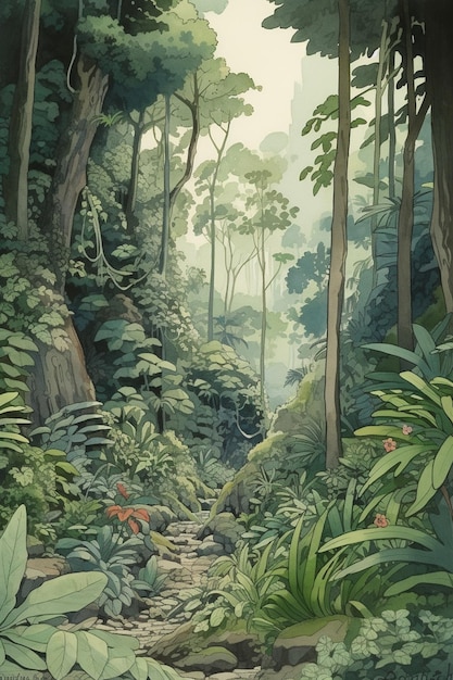 Una pintura de un camino en una jungla con una escena de jungla.