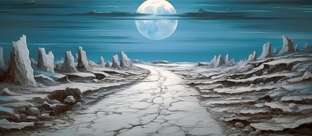 Una pintura de un camino con la luna al fondo.