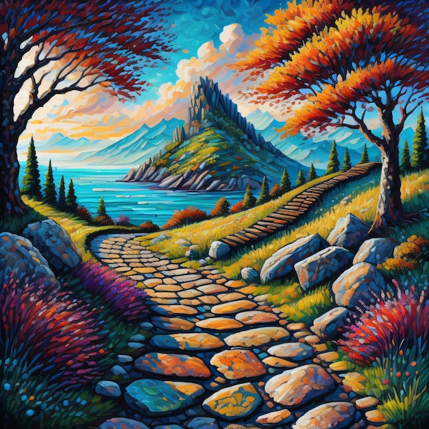 Una pintura de un camino con una montaña en el fondo.