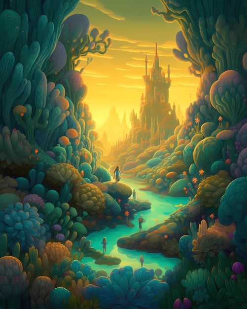 Una pintura de un camino en un mundo de fantasía.