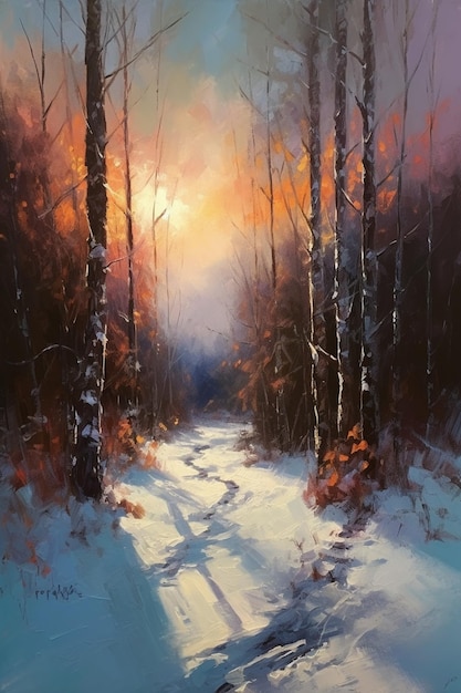 Una pintura de un camino en la nieve.