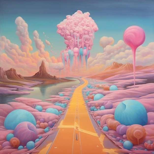 Una pintura de un camino con una nube rosa.