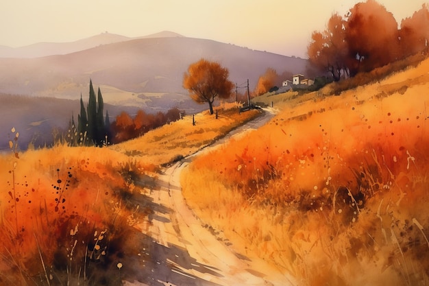 Una pintura de un camino en otoño