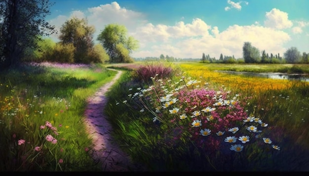 Una pintura de un camino que conduce a un campo de flores.