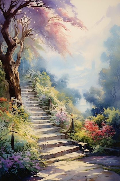 una pintura de un camino que conduce a un jardín.