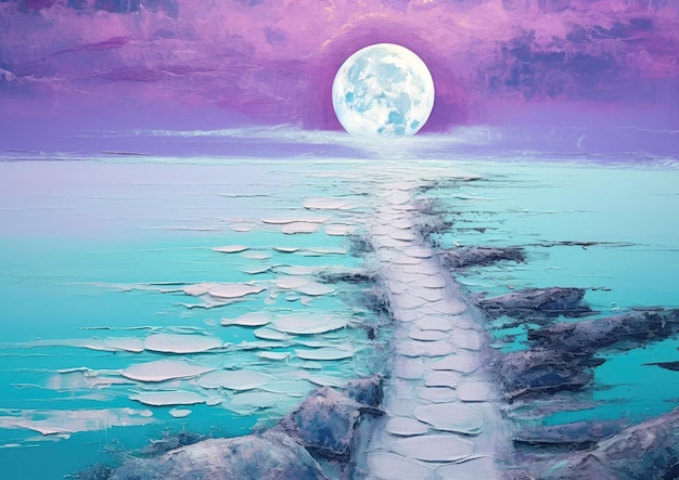 Una pintura de un camino que conduce a la luna.