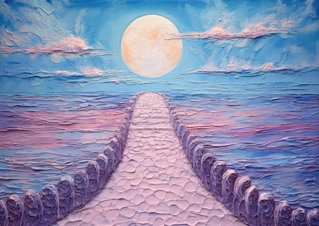 Una pintura de un camino que conduce a la luna.