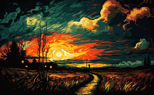 Una pintura de un camino que conduce a una puesta de sol.