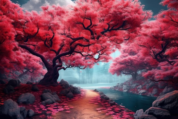 Una pintura de un camino que conduce a un río con un árbol rosa.