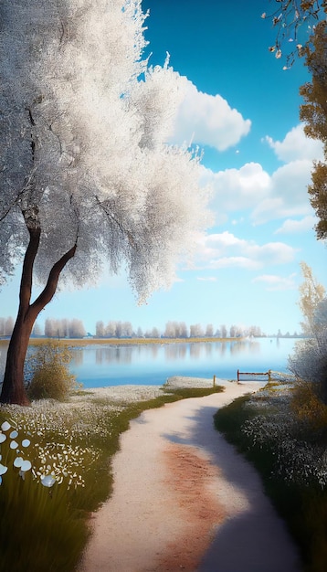 Pintura de un camino que lleva a un lago generativo ai