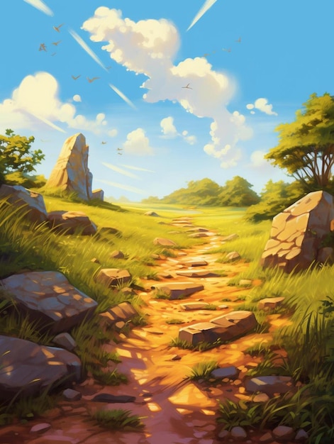 Foto una pintura de un camino con rocas y árboles en el fondo.