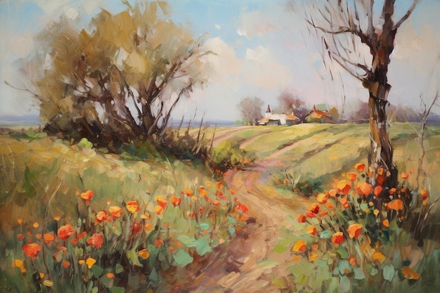 Una pintura de un camino rural con un campo de tulipanes.