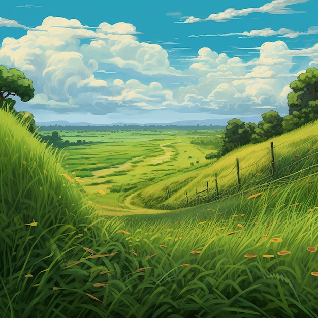 una pintura de un camino rural con una carretera al fondo