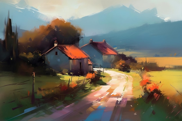 Una pintura de un camino rural con una montaña al fondo.