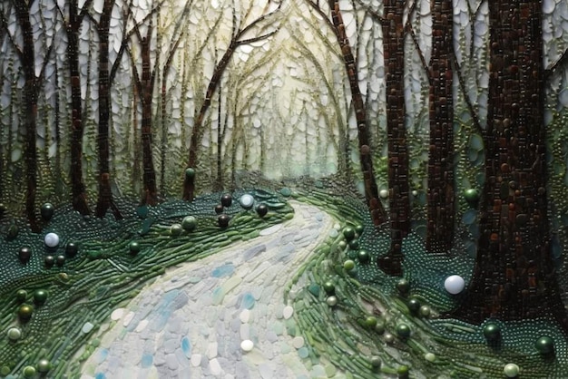 Una pintura de un camino a través de un bosque con un bosque verde y pelotas.