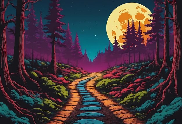 una pintura de un camino a través de un bosque oscuro con una luna llena en el cielo