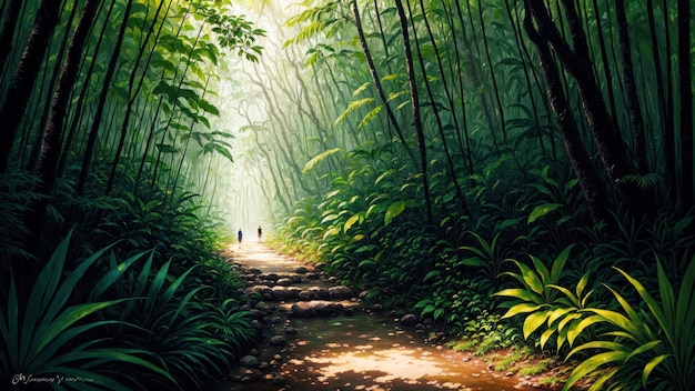 Una pintura de un camino a través de un bosque con una pareja caminando en medio de él.