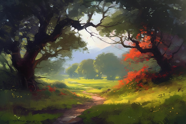 Una pintura de un camino a través del bosque.