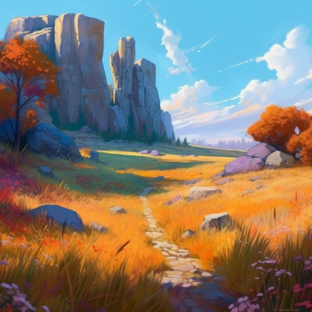 Pintura de un camino a través de un campo con rocas y árboles ai generativo.