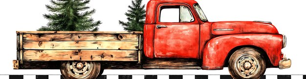 pintura de un camión rojo con un árbol de Navidad en la parte de atrás
