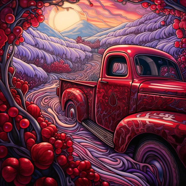 pintura de un camión rojo con una escena de montaña en el fondo generativo ai