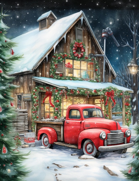 Pintura de un camión rojo estacionado frente a una casa con un árbol de navidad ai generativo