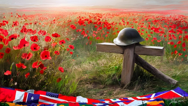 Foto una pintura de un campo de amapolas con una cruz de madera y un casco de soldados la cruz está hecha de madera tosca tallada y el casco se sienta encima de ella el campo de amapola es un mar de rojo