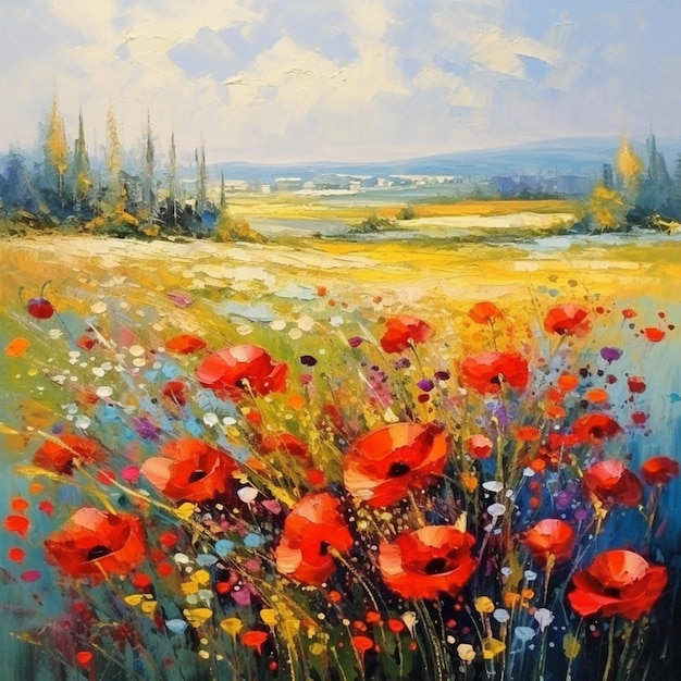 Pintura de un campo de amapolas rojas y otras flores ai generativo.