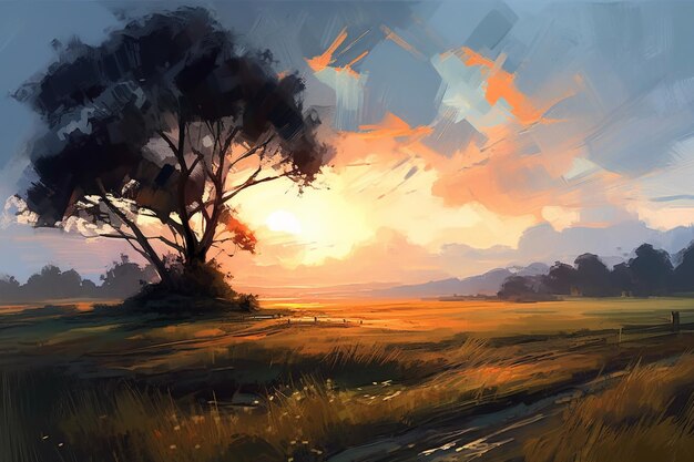 Una pintura de un campo con un árbol y la puesta de sol al fondo.