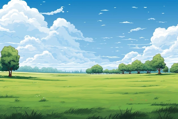una pintura de un campo con árboles y un cielo azul con nubes y un campo con una granja en el fondo.