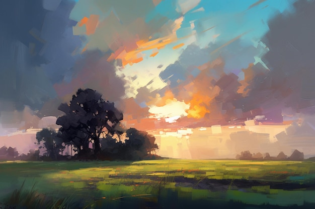 Una pintura de un campo con árboles en primer plano y el cielo es azul y naranja.