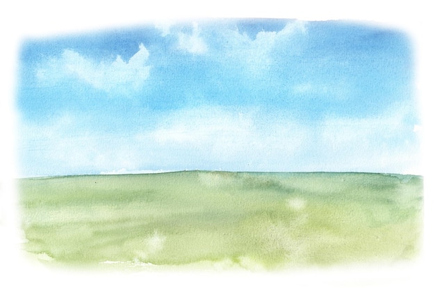 Una pintura de un campo con un cielo azul y una nube blanca.