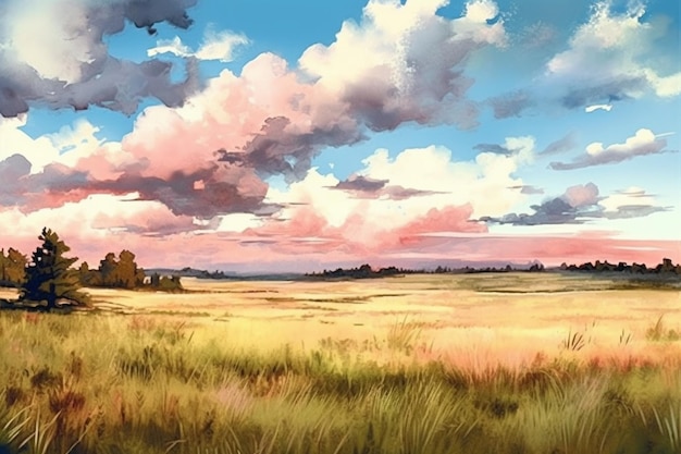 Una pintura de un campo con un cielo azul y nubes.